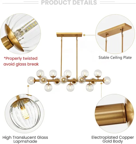 Vista 5 de Candelabro rectangular moderno con 16 luces, lámpara de techo colgante dorada, pantallas de cristal transparente, candelabros dorados para comedor