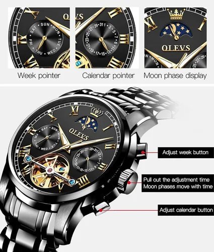 Vista 6 de OLEVS Reloj mecánico automático para hombre, vestido de lujo, impermeable, cuerda automática, cronógrafo de fase lunar, acero inoxidable, fecha