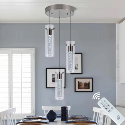 Vista 14 de Luces colgantes para isla de cocina con control remoto, níquel cepillado regulable y cilindro transparente, luces colgantes de cocina de altura