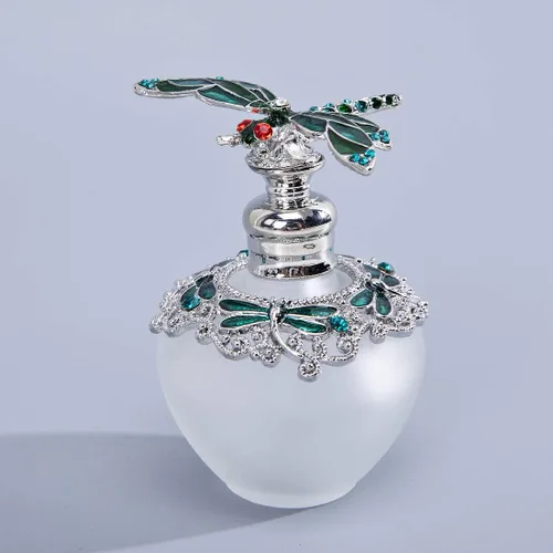 Vista 6 de YU FENG - Botella de perfume de cristal vacía de 40 ml con tapón de libélula verde, adornada con strass, rellenable, botella de vidrio