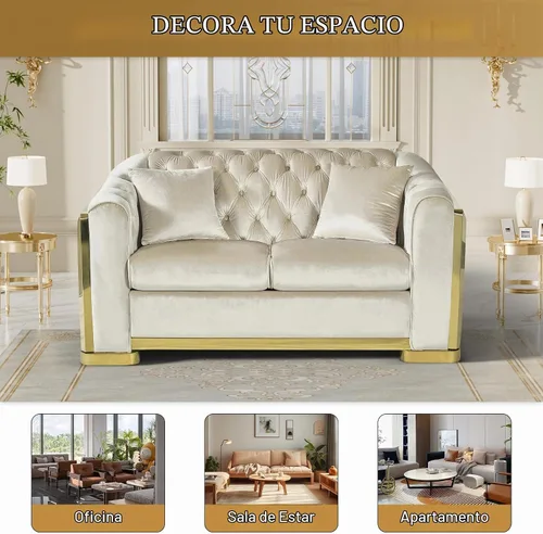 Vista 7 de DAMAIFROM Sofá Chesterfield moderno de mediados de siglo, sofá de terciopelo de 62" blanco y dorado, sofá biplaza curvo de lujo para sala de estar