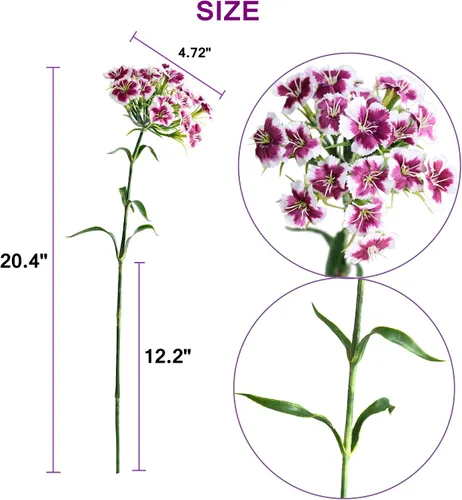 Vista 2 de Htmeing 5 flores artificiales de seda de Dianthus con tallo para arreglos de boda, centro de mesa, fiesta, decoración del hogar y cocina (morado)