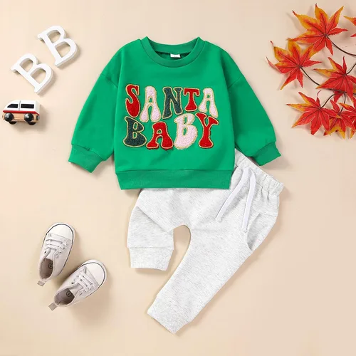 Vista 2 de Foidiccx Conjunto de ropa de Navidad para bebé niño y niña, sudadera bordada de Papá Noel, ropa de otoño e invierno