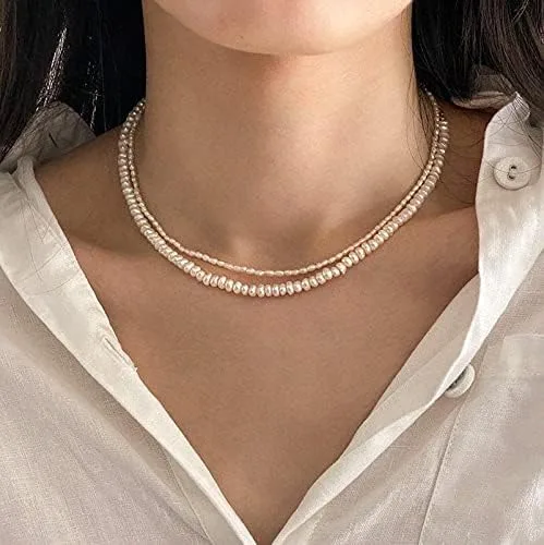 Vista 9 de Cowlyn Pearl Choker Dainty Adjustable Necklace 18K Gold Plated Cultured Barque Pearl Tiny Chain Delicate Mother's Valentine Jewelry for Women Girls