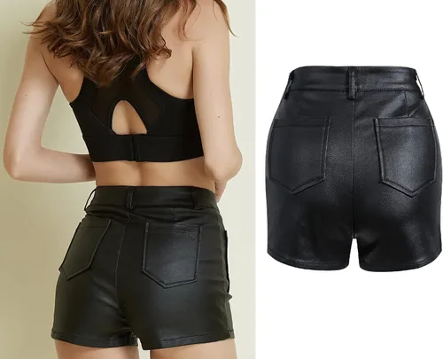 Vista 4 de Womens Faux Leather Shorts Hight Waiste Button Up-PU Leather Short