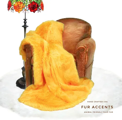 Vista 6 de Luxurious Soft Yellow Gold, Marigold, Sunflower, Faux Fur Throw, Custom Hand Made, Designer Throw Blanket, Bedspread, Comforter, Minky Lined Made in