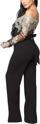 Vista 5 de Aro Lora Enterizo con hombros descubiertos para mujer, bordado floral, encaje transparente, pierna ancha