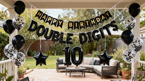 Vista 3 de Decoraciones de cumpleaños número 10 para niños, decoración negra de papel de aluminio de doble dígito, pancarta negra número 10 con globos