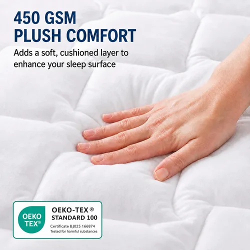 Vista 2 de Cubrecolchón tamaño individual, relleno de 450 GSM, parte superior de algodón, bolsillo de 8 a 21 pulgadas OEKO-TEX Certified, White Twin 39 x 75