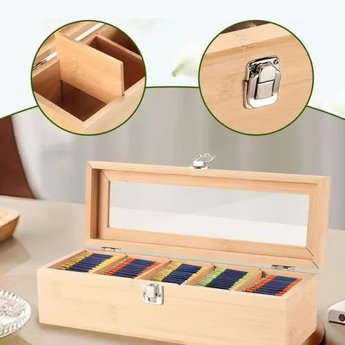Vista 6 de Organizador de almacenamiento de bolsas de té de bambú, bolsa de té de madera, caja de almacenamiento de 5 compartimentos con tapa transparente