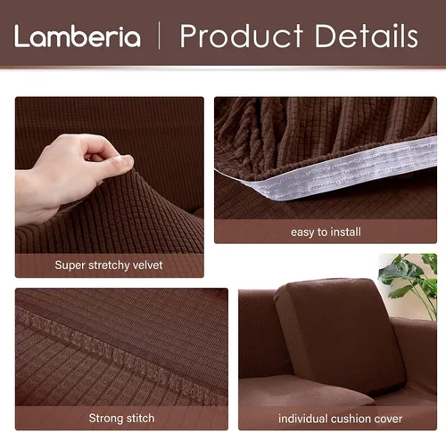 Vista 3 de Lamberia Funda de sofá de alta elasticidad para sofá de 3 cojines, 4 piezas, gruesa y lavable, funda de sofá jacquard de felpa, protector de muebles