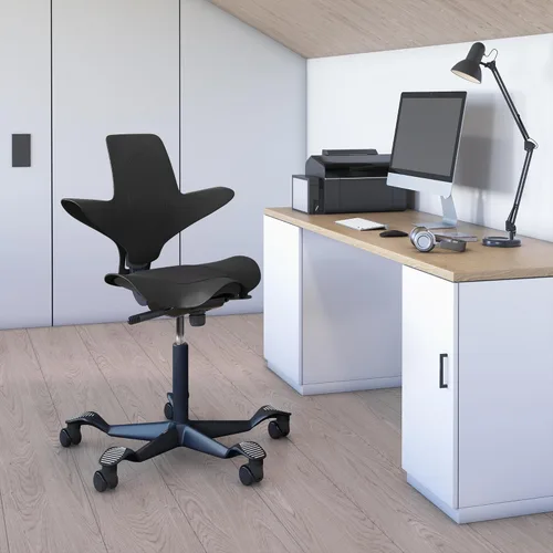 Vista 6 de HAG Capisco Puls - Silla de escritorio ajustable para sentarse a pie, marco negro, cojín parcial negro