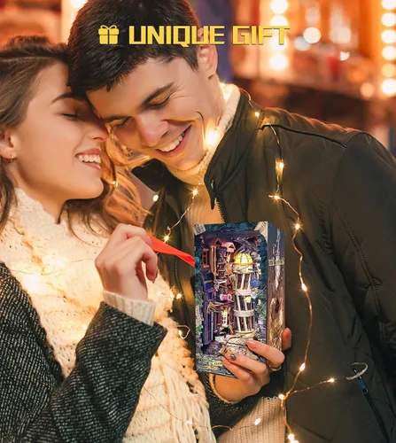 Vista 8 de Spilay - Kit de rincón de libro para adultos, Magic Night Lane DIY Kit de casa en miniatura With Warm LED Light, DIY Wooden Craft for Bookshelf