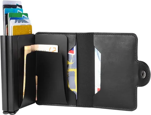 Vista 4 de Tarjetero para hombre, tarjetero delgado para tarjetas de crédito, bolsillo frontal, antirrobo, RFID, autoemergente, para viajes, billeteras