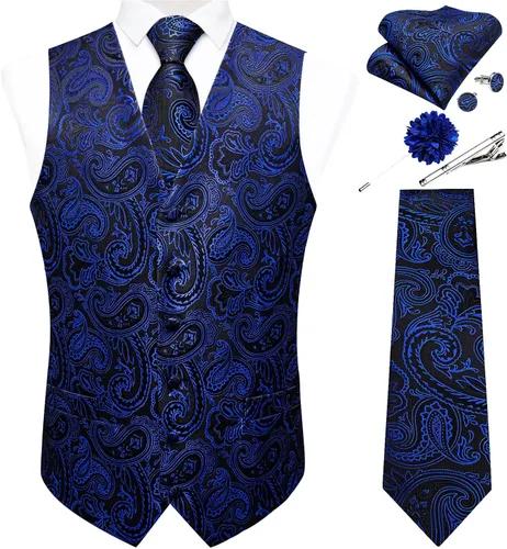 Vista 9 de DiBanGu Juego de chaleco y corbata para hombre, chaleco formal de cachemira y corbata con bolsillo cuadrado y gemelos, de seda, para traje o Verde