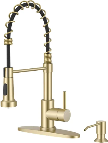 Vista 16 de Grifo de cocina dorado con rociador, grifo de fregadero de cocina de una sola manija con rociador extraíble, bronce champán, Arofa Pull down, 360°