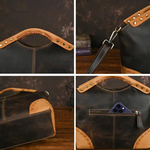 Vista 5 de Bolso cruzado de cuero genuino de caballo loco grueso bolso de hombro con asa superior para las mujeres 6640