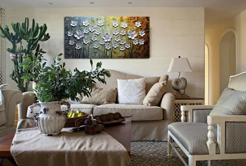 Vista 5 de V-inspire Arte, 24x48 Pulgadas Pinturas Blanco Margarita Flor Pintura Al óleo 3D Pintado a Mano Sobre Lienzo Arte Abstracto Arte Madera Dentro