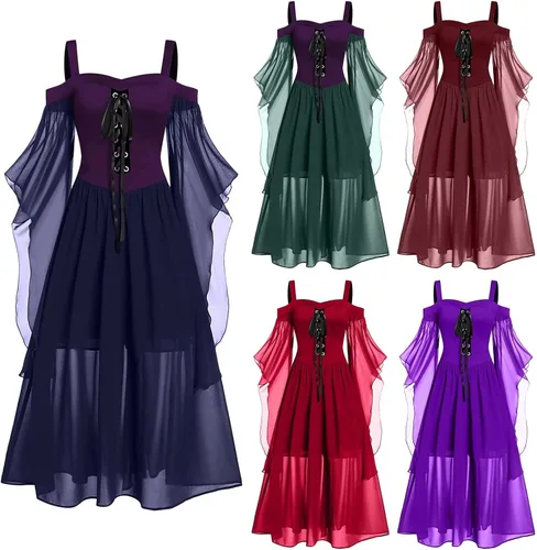 Vista 4 de LEHOZIHEQ Disfraz de feria renacentista para mujer, vestido de corsé gótico victoriano de manga acampanada, disfraz de Halloween, vestido irlandés
