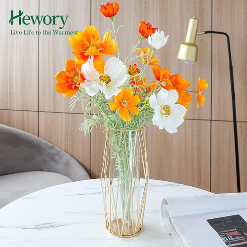 Vista 8 de Hewory - Jarrones de flores modernos dorados para centros de mesa, jarrones de vidrio de 11 pulgadas con soporte de metal, jarrones geométricos