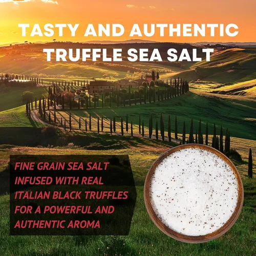 Vista 3 de Sal marina italiana de trufa negra, negro natural para sopas y salsas, sal gourmet suave y rica con infusión de trufa, bolsa de 14 onzas, Caravel