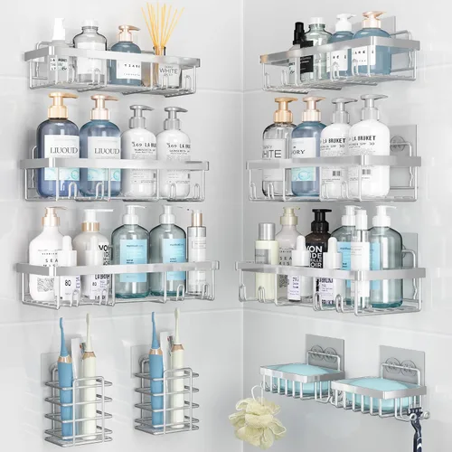 Vista 18 de Liuoud Shower Caddy 5 Pack XL-Size Adhesive Stainless Steel Organizer XL Capacity, With Strong Adhesive, Rustproof, No Drilling Wall Mount Shelvs