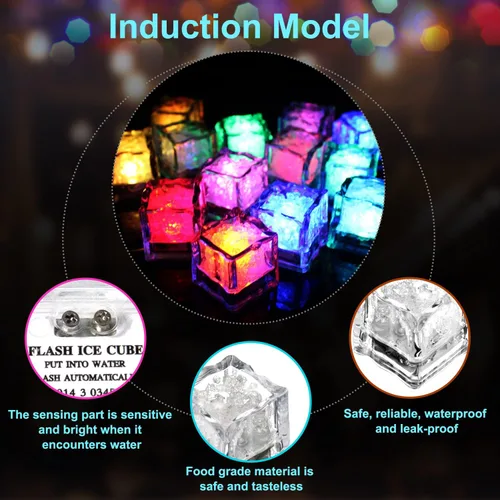 Vista 4 de 12 cubos de hielo impermeables con luz LED para bebidas que cambian de color, parpadean en la oscuridad, para bar, club, beber, fiesta, vino, boda