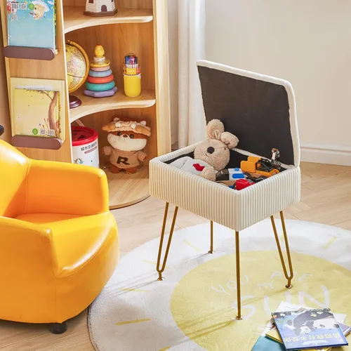Vista 6 de YMYNY Taburete de tocador con almacenamiento, taburete otomano cuadrado, taburete de maquillaje multifuncional moderno para dormitorio, sala de Beige