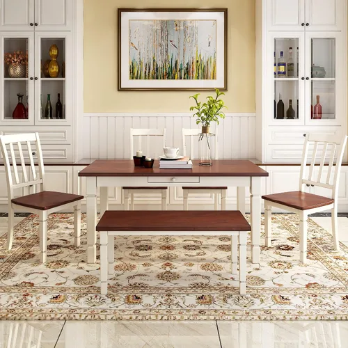 Vista 2 de Juego de mesa de comedor de madera de 60 pulgadas de largo con cajones pequeños, banco y 4 sillas de diseño ergonómico, juego de mesa de comedor
