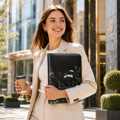 Vista 6 de Eshow Padfolio para hombres y mujeres con bolígrafo, cartera de cuero con cremallera, organizador profesional de currículum de entrevistas