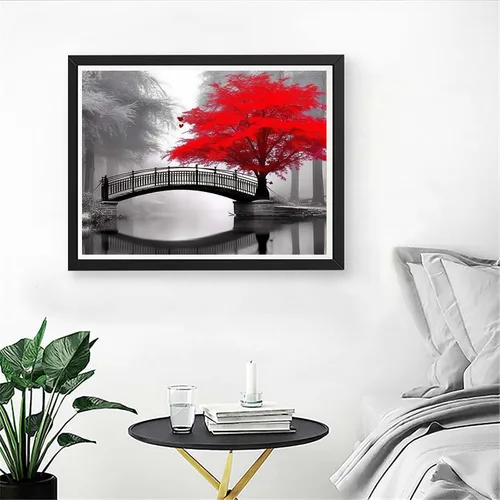 Vista 4 de Diymood Kits de pintura de diamantes 5D para adultos, paisaje, kits de arte de diamantes para adultos, puente de árbol rojo, redondo de taladro