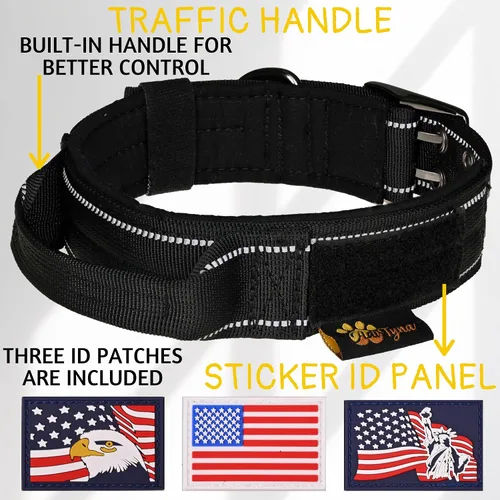 Vista 6 de ADITYNA Collar de perro resistente para perros extragrandes, collar negro reflectante XL con asa para entrenar y caminar, ancho, grueso, táctico