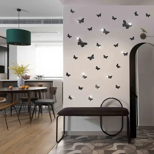 Vista 6 de Decoración de pared de espejo de mariposa, 50 calcomanías de pared de mariposa de espejo acrílico 3D extraíbles, calcomanías de pared autoadhesivas
