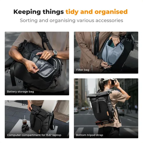 Vista 6 de K&F CONCEPT Mochila para cámara, bolsa para cámara con compartimento para laptop de 15.6 pulgadas, mochila expandible con bolsillo superior