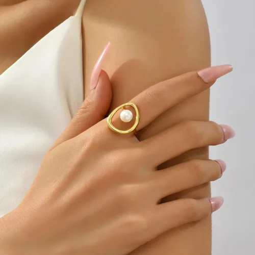 Vista 5 de FUNYCHEN Anillo de perlas de plata esterlina, anillo de perlas S925 para mujer, minimalista, irregular, oro, inspirador, anillo de perlas cultivadas