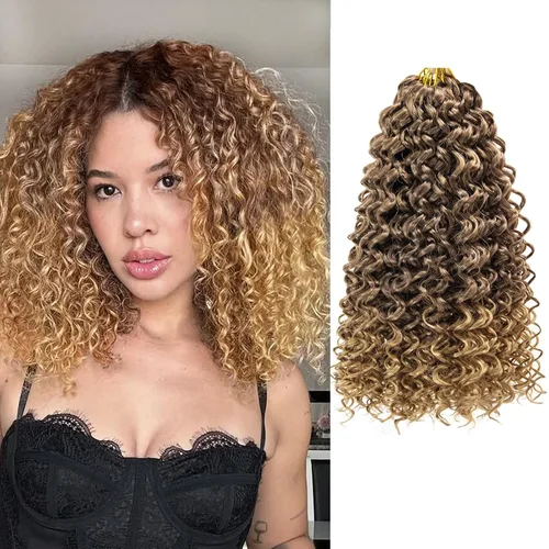 Vista 48 de GoGo Curl Crochet Hair 18 pulgadas onda de agua pelo sintético bohemio ganchillo trenzado jengibre onda profunda extensiones de cabello trenzado