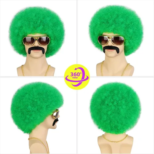 Vista 2 de Peluca de cabello sintético corto y rizado para hombre, para disfraz de Halloween, cosplay Verde