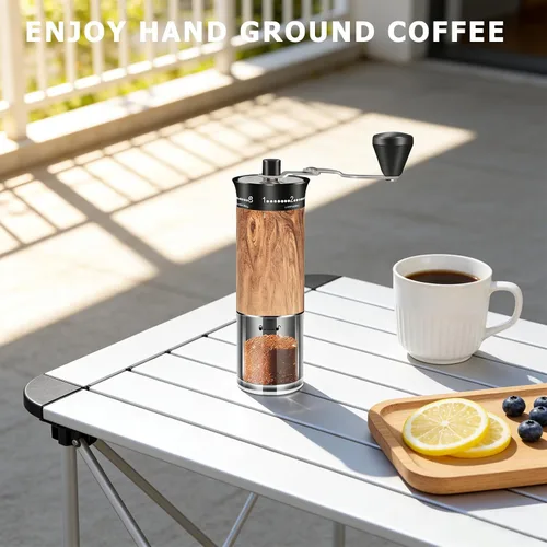 Vista 8 de Molinillo de café manual con 56 ajustes precisos de molienda externamente ajustable, mango largo plegable, cuerpo de grano de madera y rebabas