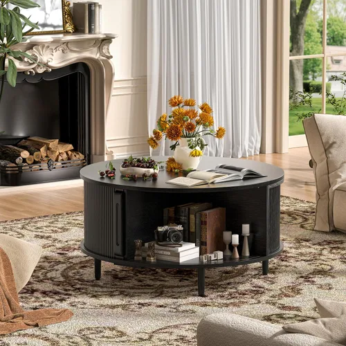 Vista 5 de Mesa auxiliar redonda, mesa central acanalada de 31.5 pulgadas con almacenamiento, mesa de centro elevable con almohadillas ajustables, puerta Negro
