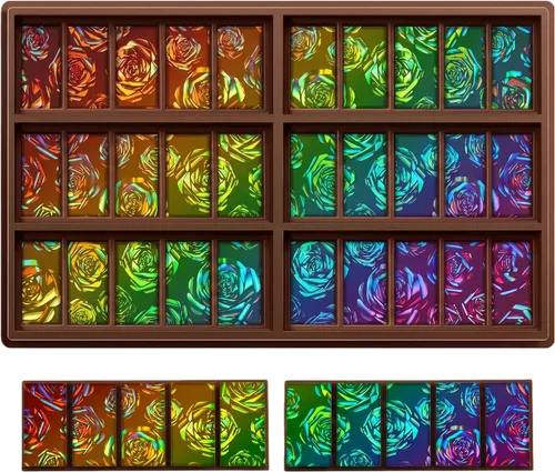 Vista 14 de Ziliny Molde holográfico de barra de chocolate rosa de silicona, barra de chocolate con efecto de luz arco iris, moldes profundos y gruesos