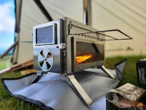 Vista 7 de Estufa de leña portátil Dandelion shell para acampar con vidrio de visualización y función de cocción, 8 chimeneas de acero inoxidable para refugio