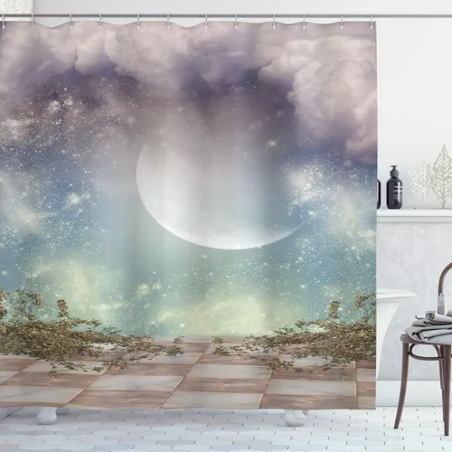 Vista 113 de set de cortina para baño decorativa de tela de poliéster con ganchos
