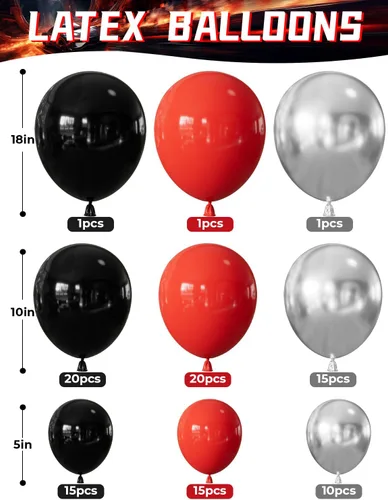 Vista 2 de Kit de guirnalda de arco de globos de auto de carreras, 103 globos rojos, negros y plateados con banderas a cuadros y globos de ruedas