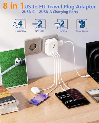 Vista 4 de Adaptador de enchufe de viaje europeo USB C, EE.UU. a la UE multipuerto PD Blanco nube