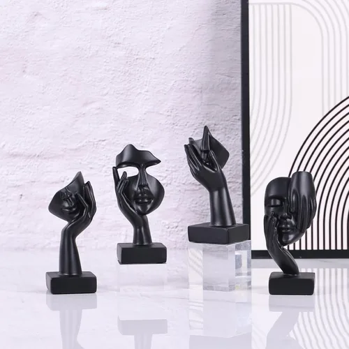 Vista 6 de Juego de 4 Figuritas de Pensador Abstracto Negro, Estatua Pequeña de Arte Facial para el Hogar para Decoración de Acentos Dormitorio de Mujeres