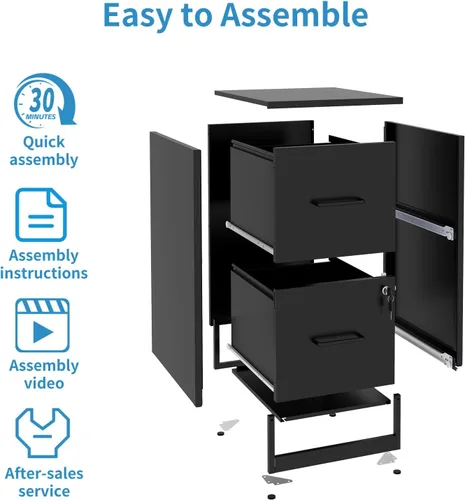 Vista 6 de Archivador de 2 cajones con cerradura, archivadores verticales de metal para oficina en casa, muebles de oficina para organización colgante, Negro