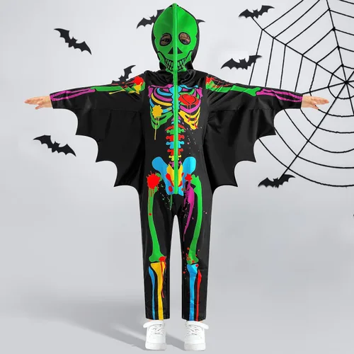 Vista 5 de SYNPOS Disfraz de esqueleto de Halloween para niños pequeños, disfraz de huesos de calavera aterradora, traje llamativo en la oscuridad para niños