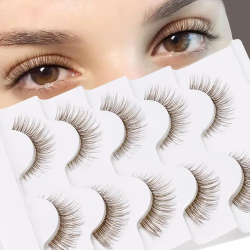 Vista 2 de Veleasha Kit de pestañas marrones con pegamento y pinzas, pestañas de ojo de gato, aspecto natural, pestañas postizas 3D con banda transparente