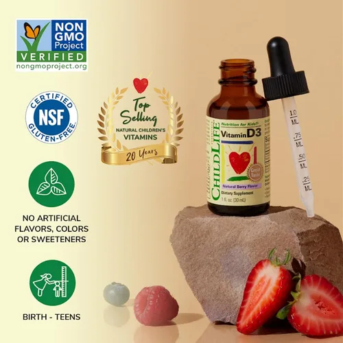 Vista 4 de CHILDLIFE ESSENTIALS Gotas de vitamina D3 para niños, niños pequeños y bebés - Gotas de vitamina D líquida, 500 UI por gota, apoyo para la salud