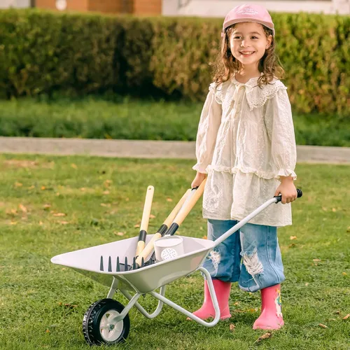 Vista 2 de ROBOTIME Carretilla para niños con juego de jardinería – Carretilla de metal para niños pequeños, juguete de juego al aire libre con herramientas